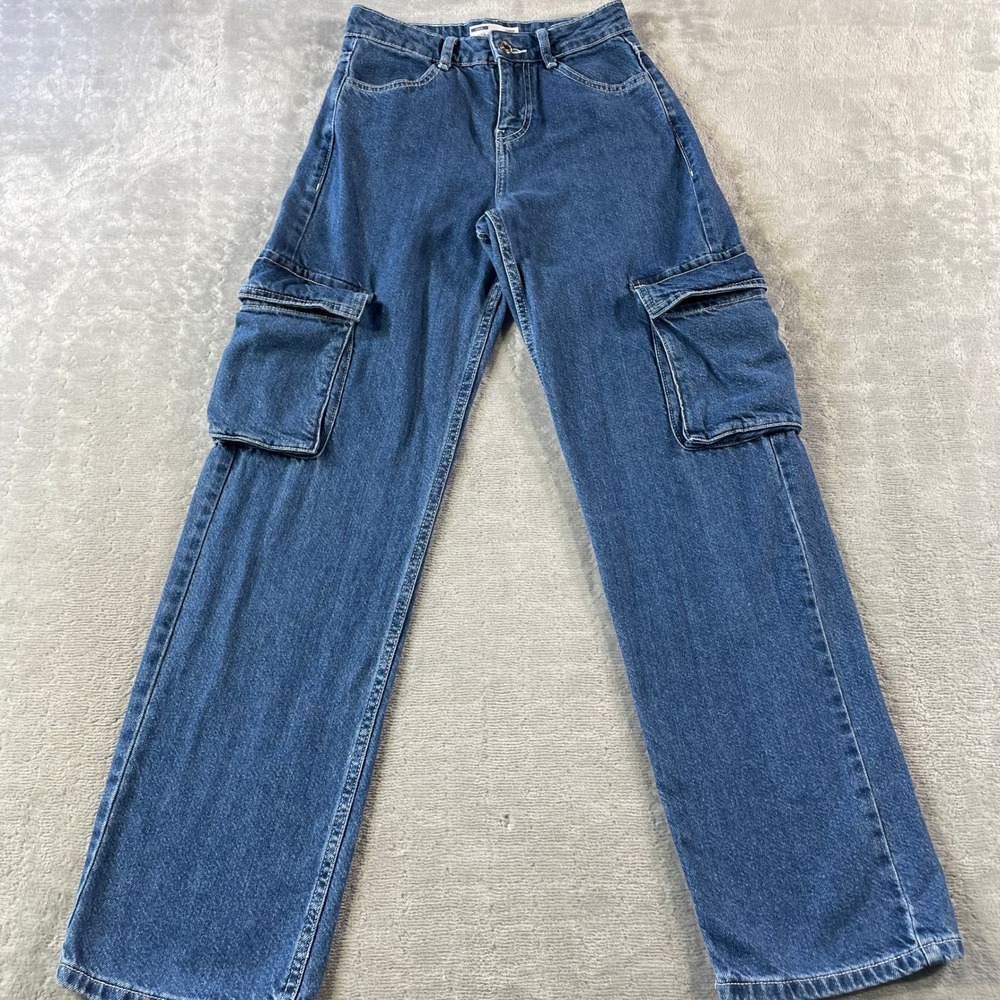 Bershka Cargo Jeans Womens 2 Blue High Rise Relaxed Denim Grunge Baggy Utility